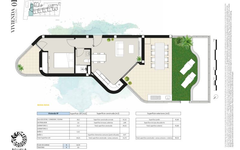 PLANTA BAJA DE 1 HABITACIÓN CON 45M2 DE TERRAZA Y JARDÍN, PLAZA DE PARKING Y TRASTERO.